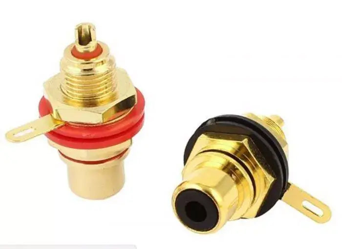 QTX RCA Chassis Socket featuring gold plated panel mount with red and black identification bands.