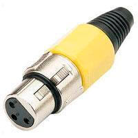 SKYTRONIC yellow inline XLR socket set, featuring a 3 pin XLR connector with strain relief, ideal for audio applications.