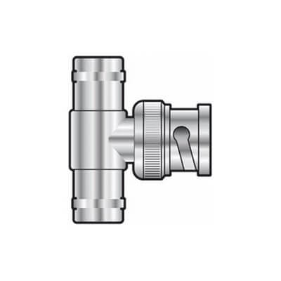 TVA BNC T-Piece Adaptor with 1 male and 2 female sockets, suitable for connecting multiple devices.