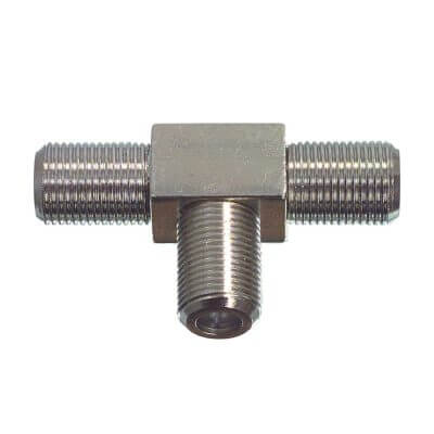 TVA Adaptor F-Type Female to 2x F-Type Female T-Piece with 3 Sockets, showing the product design and connectors.