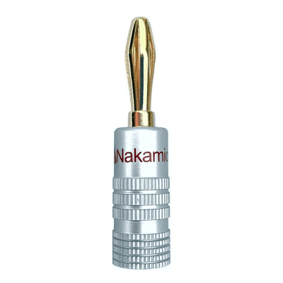 Premium speaker connector featuring TVA banana plug design in gold and red colors.