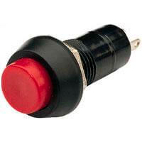 Red round push-to-make switch with momentary action and normally closed contact, suitable for 250Vac applications.
