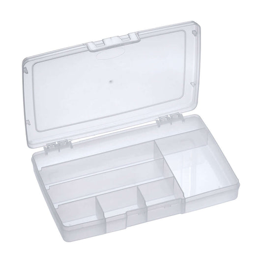Transparent polypropylene organiser box with 7 compartments for storage and organization.