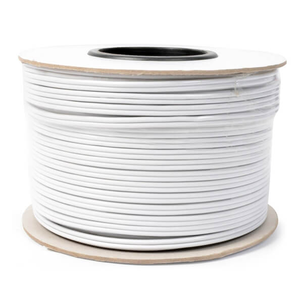Filo Figure 8 Speaker Cable in white, 1.5mm thickness, 100 meters long, designed for heavy duty use with a polarity indicator.