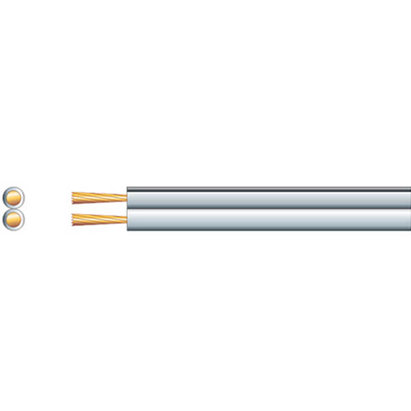 Filo Figure 8 Speaker Cable in white, 2.5mm thickness, 100 meters long, designed for heavy duty use with polarity indicator.