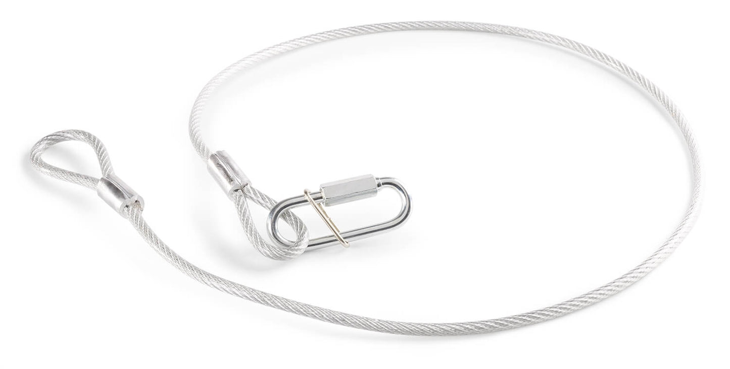 Beamz Steel Safety Cable measuring 95cm in length and 5mm in diameter, capable of supporting a load of 65kg.
