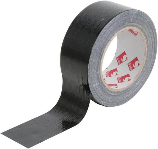 QTX Gaffa Tape in black color, 50 meters long, designed for heavy-duty adhesive applications suitable for both indoor and outdoor use.