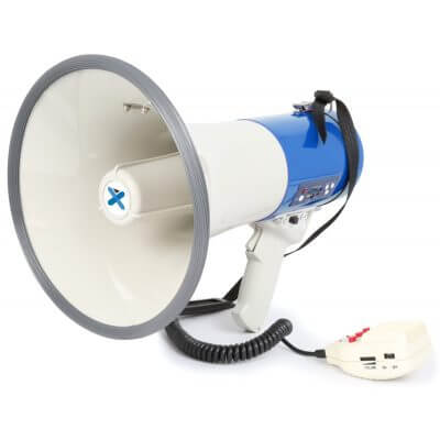 VONYX MEG065 Megaphone 65W featuring USB/SD playback, siren function, and a rechargeable battery.