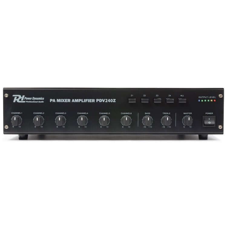 Power Dynamics PDV240Z 4-Zone 100V Amplifier displaying the front view of the 240W RMS PA system.