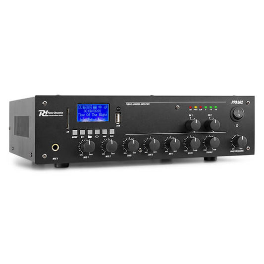 Power Dynamics PPA502 Compact Mixer-Amplifier with USB and Bluetooth connectivity, featuring 2x50W output and 100V operation, designed for versatile audio applications.