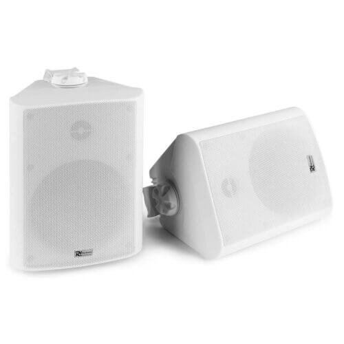 Power Dynamics BC50VW weatherproof speaker set featuring two 5.25 inch white speakers designed for outdoor use with IPX5 rating.