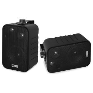 Power Dynamics BV40B 100V Line 4-Inch Background Speaker Pair in black, designed for outdoor use with IP56 weatherproof rating.