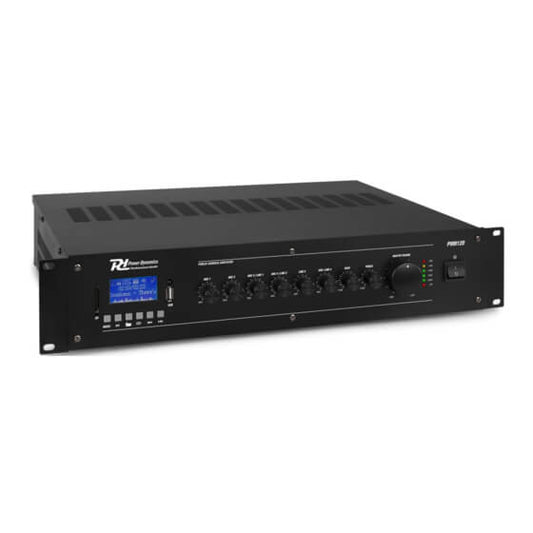 Power Dynamics PRM60 Mixer-Amplifier featuring USB, SD, and Bluetooth connectivity, designed for 100V operation with a power output of 60W.