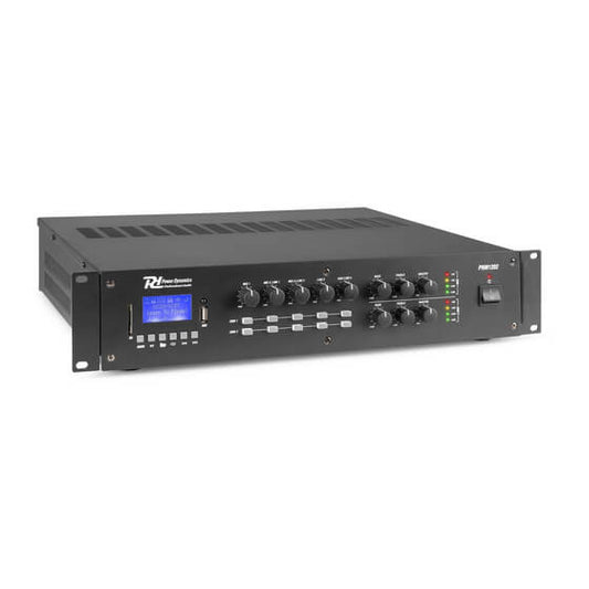 Power Dynamics PRM1202 Mixer-Amplifier featuring 100V output, 2x120W power, and USB/SD/BT connectivity for dual zone audio control.