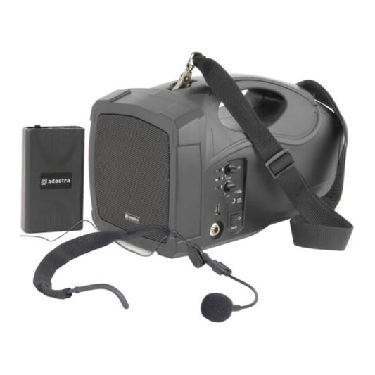Image of the ADASTRA H25 Handheld PA System featuring a VHF neckband microphone and Bluetooth capability.