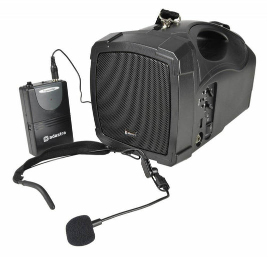 Adastra H25B Handheld PA System featuring a VHF neckband microphone and Bluetooth connectivity, designed for portable sound reinforcement.