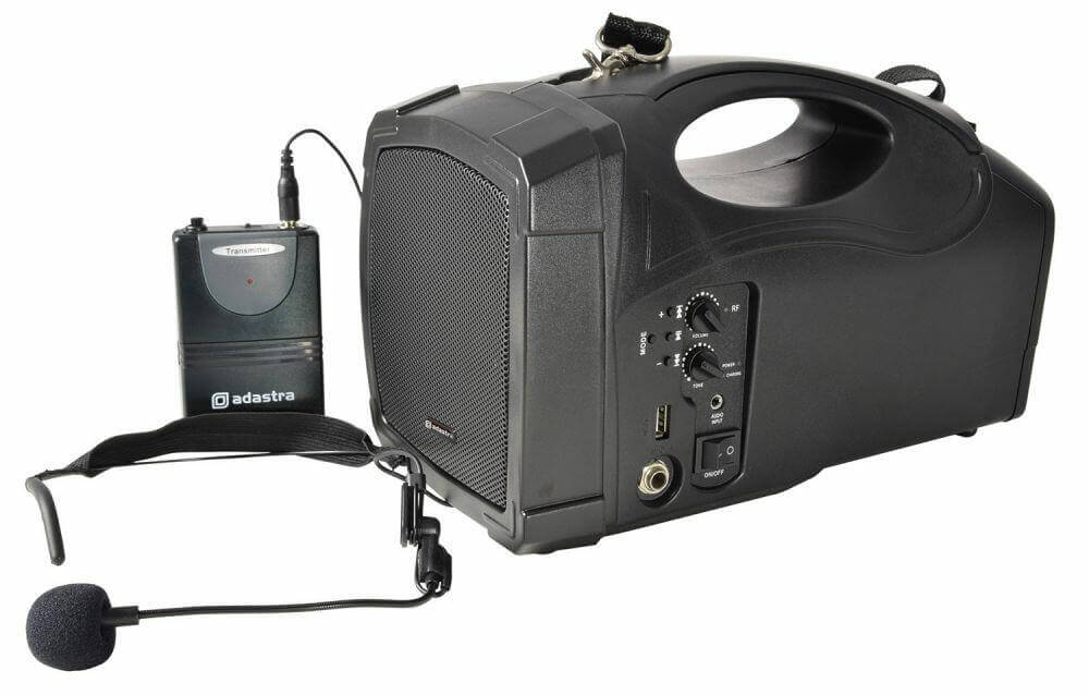 Adastra H25B Handheld PA System with VHF Neckband Microphone and Bluetooth functionality, showcasing its portable design and sound reinforcement capabilities.
