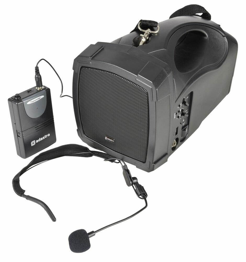 Adastra H25B Handheld PA System with VHF Neckband Microphone and Bluetooth, showcasing its portable design and sound reinforcement capabilities.
