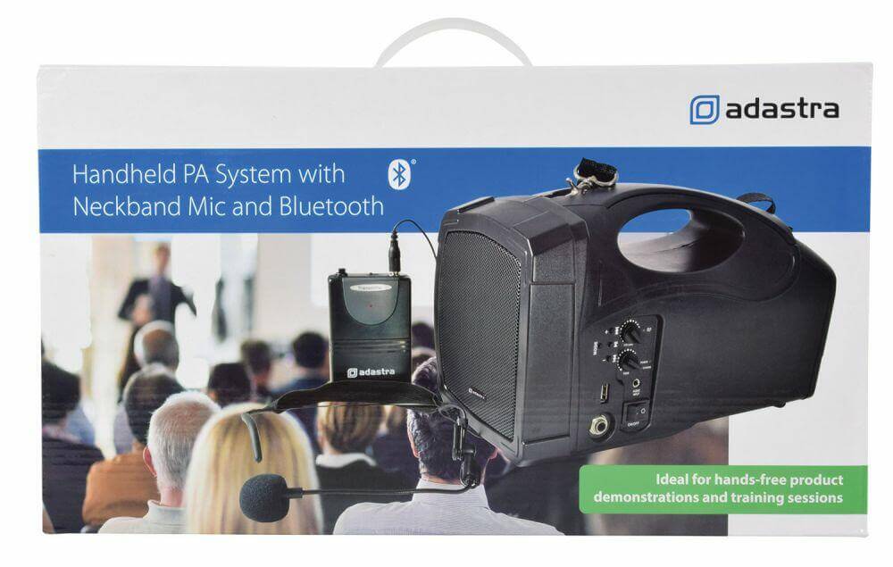 Adastra H25B Handheld PA System with VHF Neckband Microphone and Bluetooth, showcasing a portable 25W sound reinforcement solution.