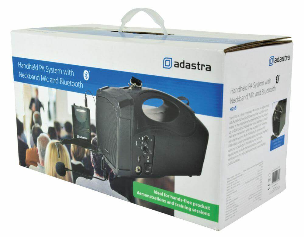 Adastra H25B Handheld PA System with VHF Neckband Microphone and Bluetooth capability, showcasing its portable design and sound reinforcement features.
