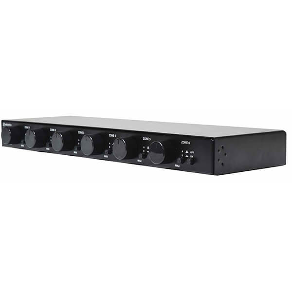 Adastra AT6 6-Way Speaker Selector Switch for two zones with volume control, featuring six 30W outputs.