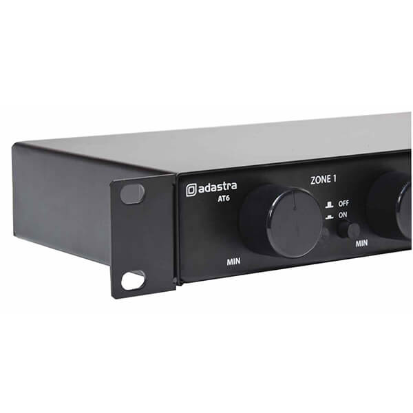 Adastra AT6 6-Way 100V Speaker Selector Switch for two zones with volume control, featuring 6 channels at 30W each.