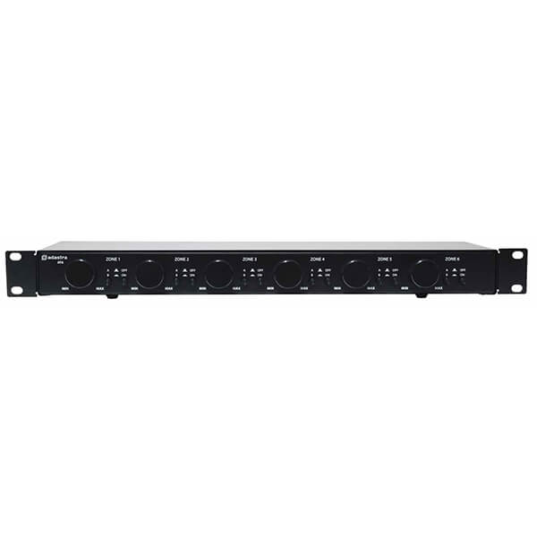 Adastra AT6 6-Way 100V Speaker Selector Switch for two zones with volume control, featuring six 30W outputs.