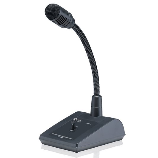 Filo desktop dynamic paging microphone designed for PA systems, showcasing its sleek design and functionality.