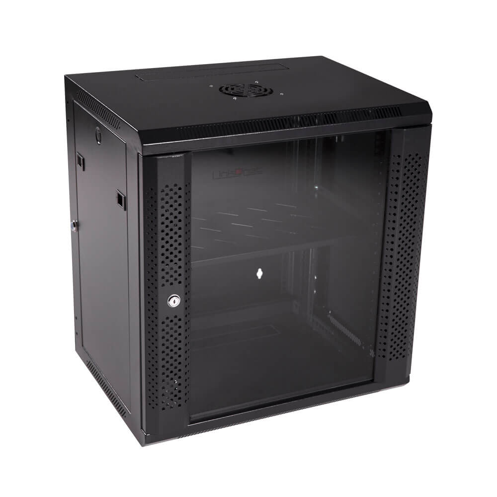 Adastra 22U 19-inch rack mount cabinet featuring a glass door and two keys, designed for secure equipment storage.