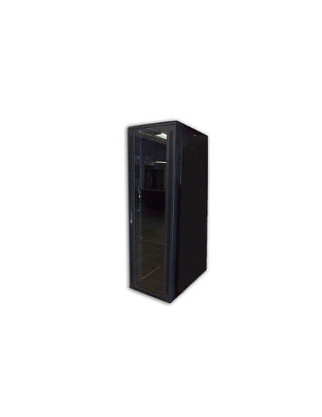 ADASTRA 27U 19-inch equipment rack with a glass door, featuring four cooling fans and two shelves, assembled and 1000mm deep in black color.