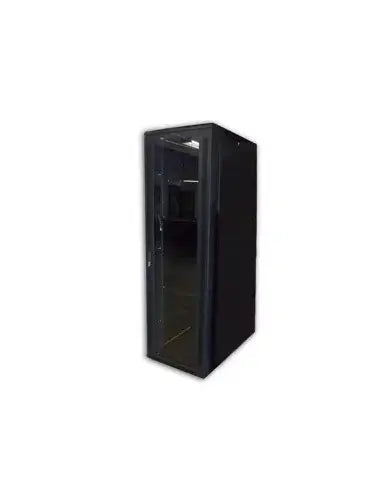ADASTRA 27U 19-inch equipment rack featuring a glass door, four cooling fans, and two shelves, assembled and 1000mm deep, in black color.
