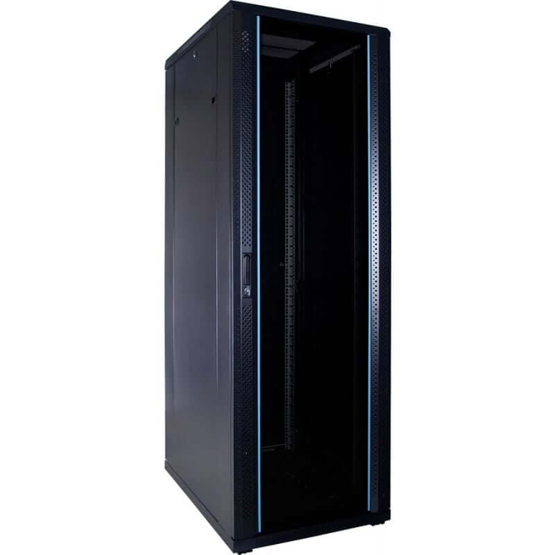 ADAstra 37U 19 inch equipment rack featuring a glass door, four fans, and two shelves, designed for heavy-duty server storage.