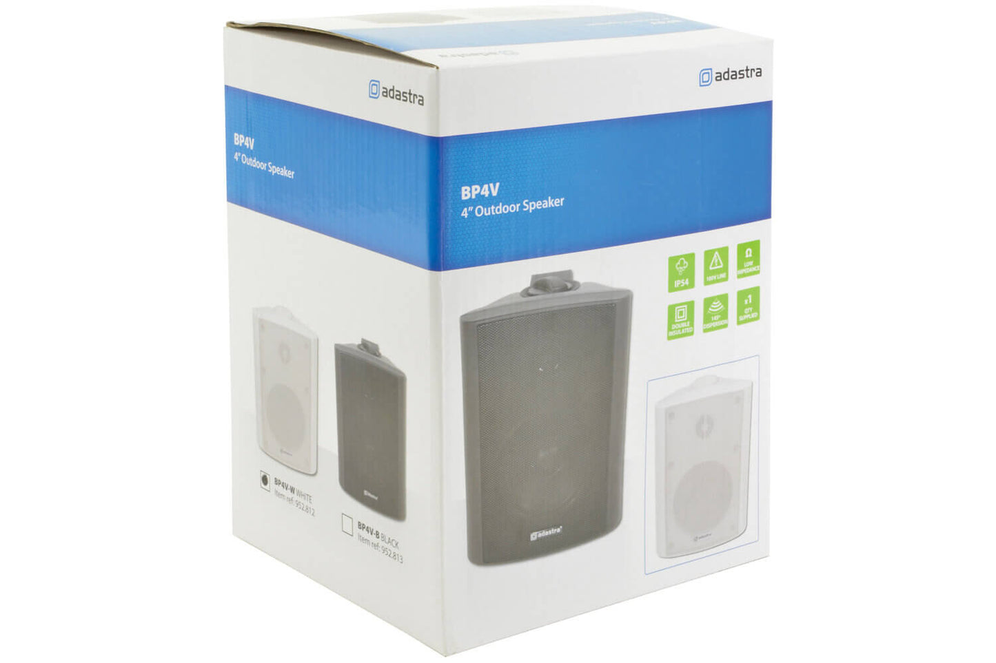 ADASTRA BP4V-W 100V Weatherproof Outdoor Speaker in white, featuring a 4-inch size and 70W power for outdoor use.