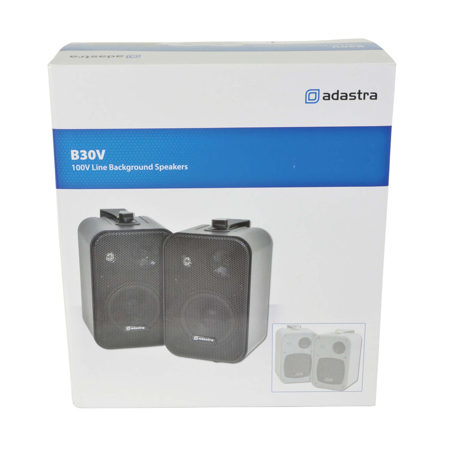 Adastra B30V 100V Line 4-Inch Background Speaker Pair in white, showcasing its design and features.