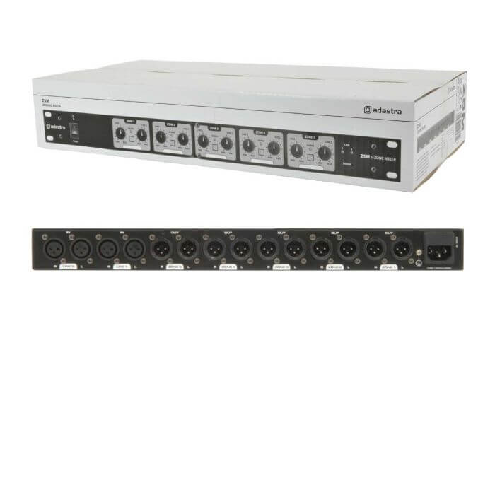 Adastra Z5M Zoning Mixer featuring 2 inputs and 5 zones, equipped with balanced XLR connections.
