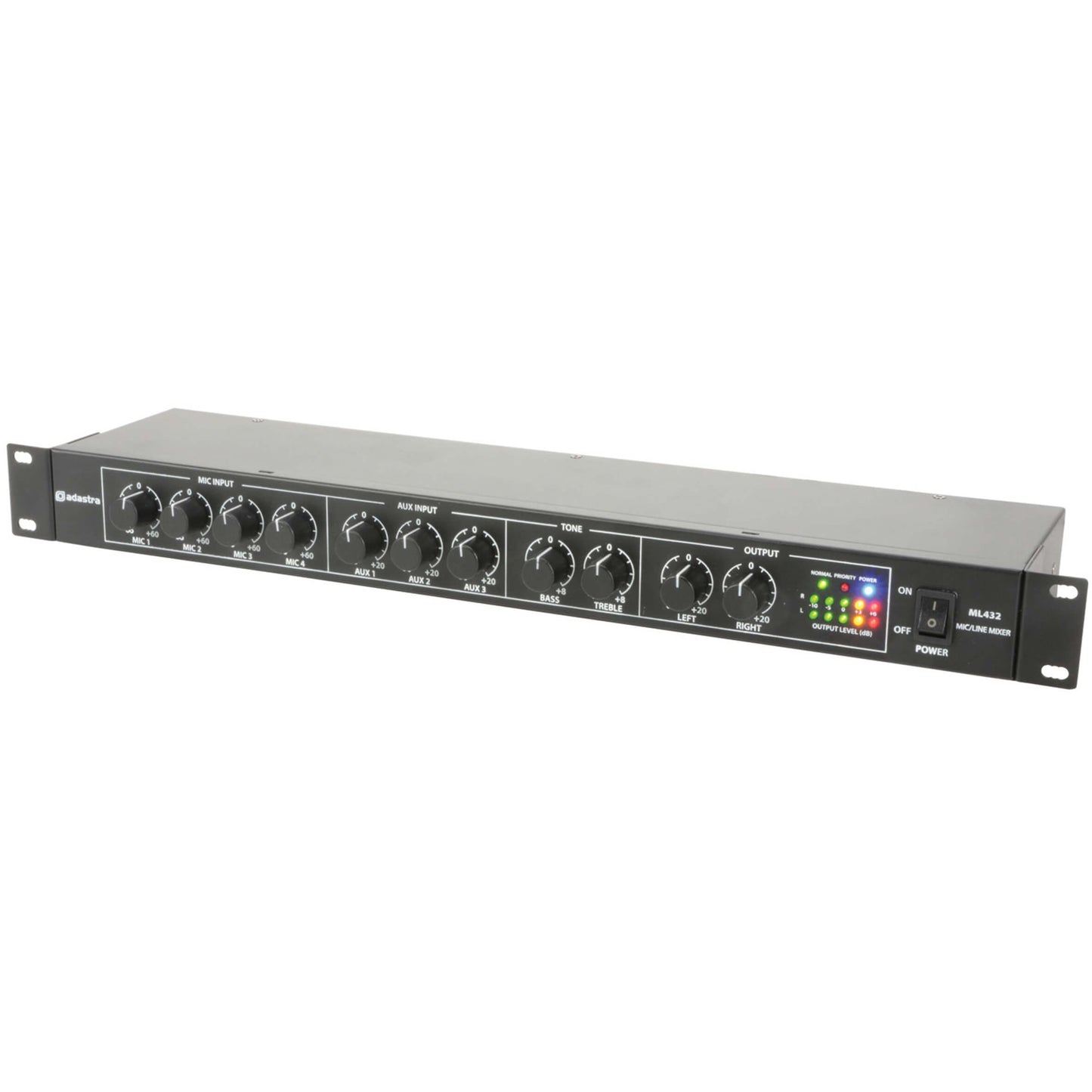 Adastra ML432 1U Rack Mixer featuring 4 microphone inputs and 3 auxiliary inputs.