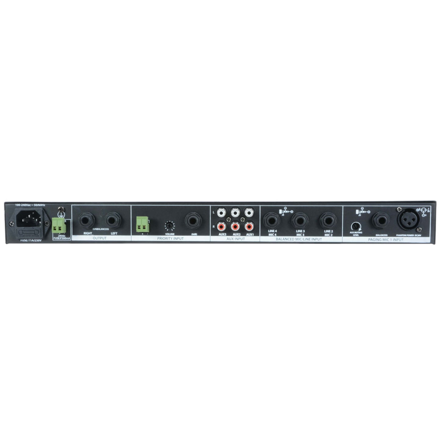Adastra ML432 1U Rack Mixer featuring 4 microphone inputs and 3 auxiliary inputs, designed for professional audio mixing.