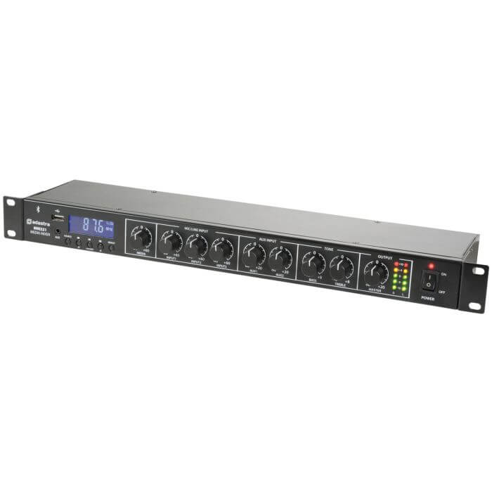ADASTRA MM321 Rack Mixer with Bluetooth, USB and FM Player, designed for 1U rackmount audio solutions.