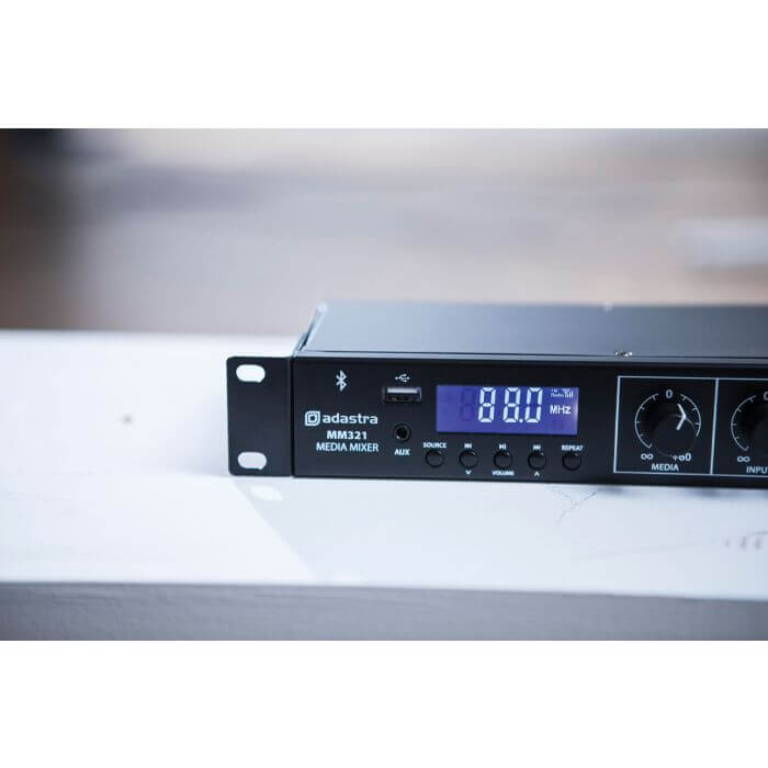 ADASTRA MM321 Rack Mixer with Bluetooth, USB and FM Player, showcasing a 1U rackmount audio solution.