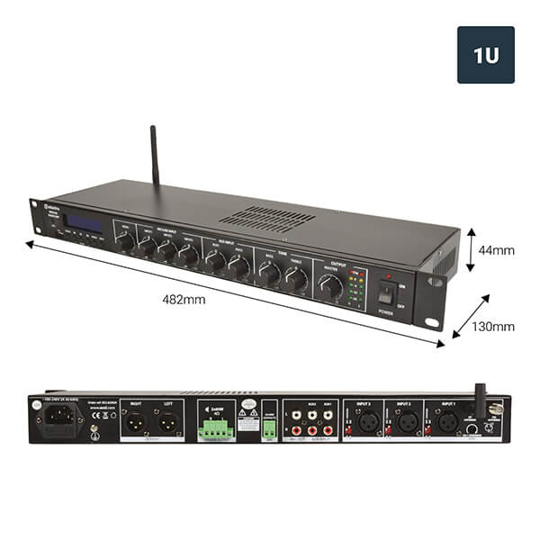 Adastra MM3260 1U Stereo PA Mixer-Amplifier with USB, Bluetooth, and FM features, showcasing its design and connectivity options.