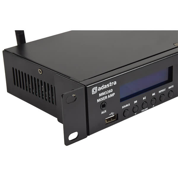 Adastra MM3260 1U Stereo PA Mixer-Amplifier with USB, Bluetooth, and FM capabilities, featuring dual 60W output.