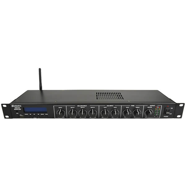 Adastra MM3260 1U Stereo PA Mixer-Amplifier with USB, Bluetooth, and FM capabilities, featuring dual 60W output.