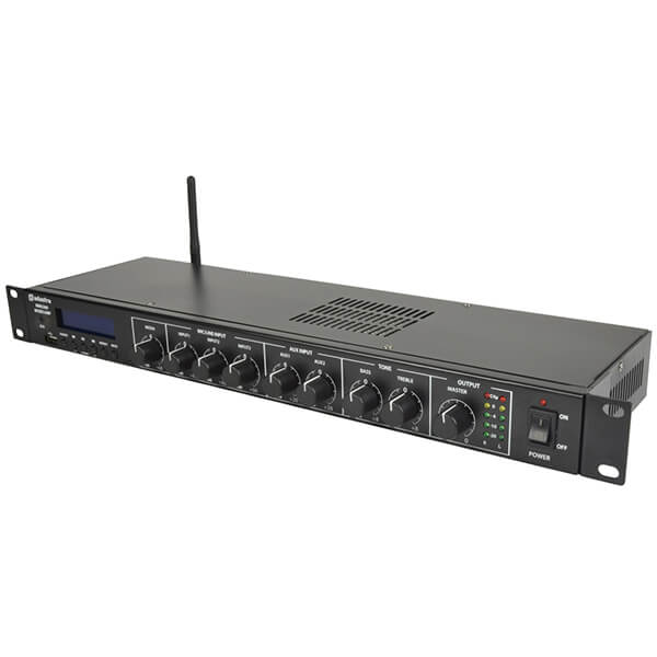 Adastra MM3260 1U Stereo PA Mixer-Amplifier with USB, Bluetooth, and FM, featuring dual 60W output.