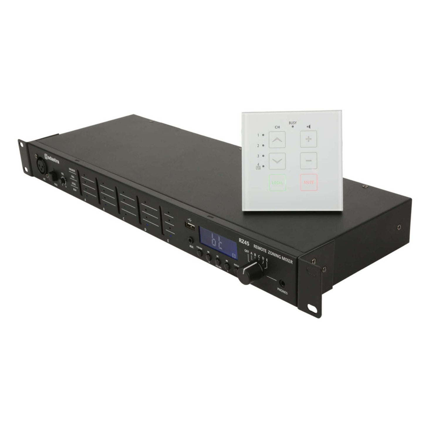 Adastra RZ45 Remote Zone Audio Matrix with Bluetooth, showcasing 5-zone control and USB playback capabilities.