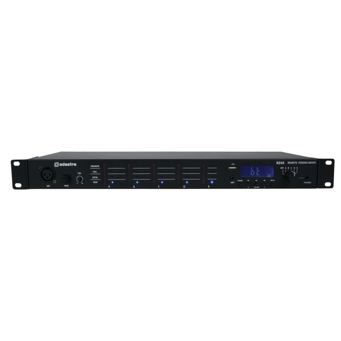 Adastra RZ45 Remote Zone Audio Matrix with Bluetooth, showcasing a 5-zone control system and USB playback functionality.