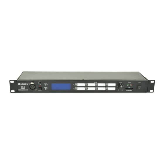 Adastra DM-8 Digital Messaging Unit displayed in a 1U rack-mount configuration, featuring SD card playback functionality.