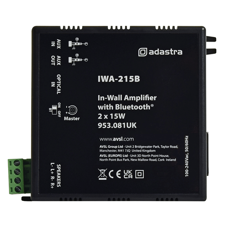ADASTRA IWA215B In-Wall Amplifier with Bluetooth showcasing a compact stereo solution.