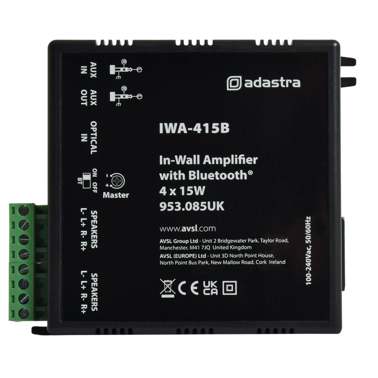 Adastra IWA415B In-Wall Amplifier with Bluetooth, featuring a compact design and delivering 4 x 15W stereo sound.