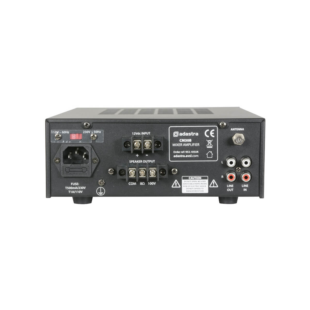 Adastra CM60B 60W Compact Mixer-Amplifier with USB, FM, and Bluetooth features, showcasing the back panel connections.