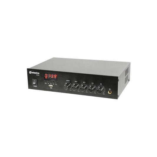 Adastra DM40 40W Mixer Amplifier featuring USB, FM Tuner, and Bluetooth connectivity, compatible with 100V line and low impedance systems.